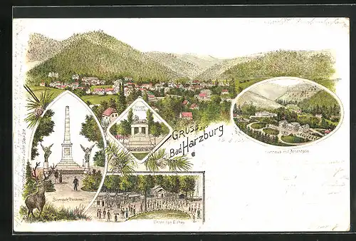 Lithographie Bad Harzburg, Kriegerdenkmal, Bismarck Denkmal, Kurhotel mit Actienhotel