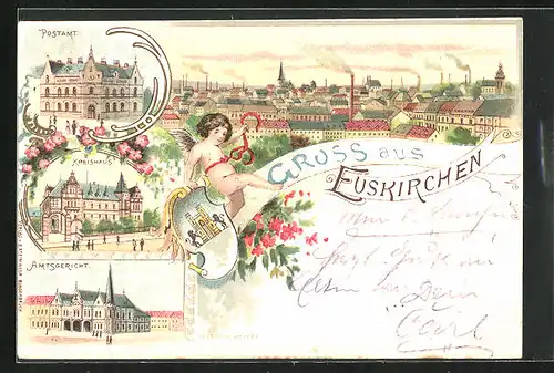 Lithographie Euskirchen, Postamt, Kreishaus, Amtsgericht