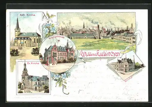 Lithographie Euskirchen, Kreisgebäude, Kath. Kirche, Bahnhof