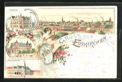 Lithographie Euskirchen, Postamt, Kreishaus, Amtsgericht
