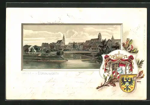 Passepartout-Lithographie Donauwörth, Partie am Fluss, Wappen der Stadt