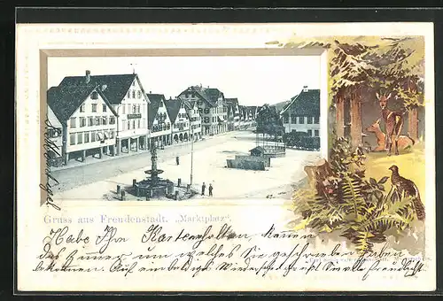 Passepartout-Lithographie Freudenstadt, Marktplatz mit Denkmal