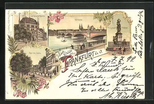 Lithographie Frankfurt a. O., Leib Grenadier Kaserne, Prinz Leopold Denkmal, Oderbrücke