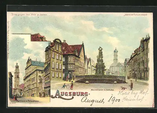 Lithographie Augsburg, Maximilianstrasse mit Herkules, Rathaus mit Perlachturm, Halt gegen das Licht Mondschein