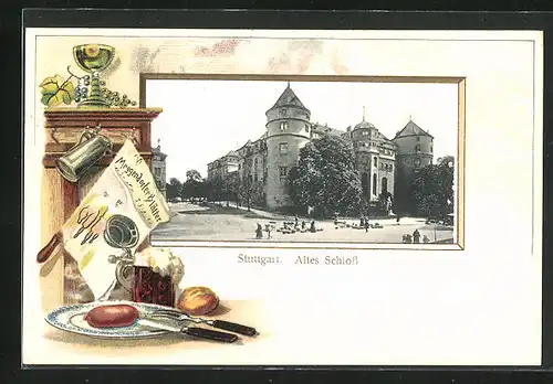 Passepartout-Lithographie Stuttgart, Altes Schloss, Brotzeit mit Bier