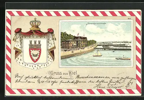 Passepartout-Lithographie Kiel, Strandpromenade, Wappen der Stadt