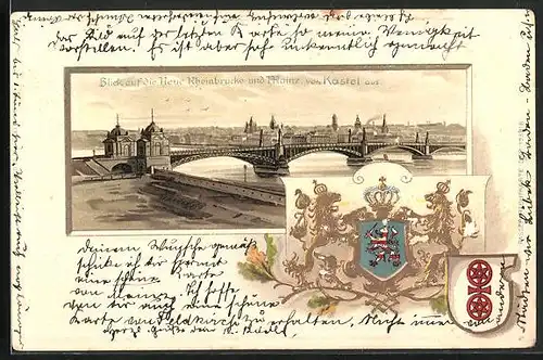 Passepartout-Lithographie Mainz, Neue Rheinbrücke von Kastel aus, Wappen