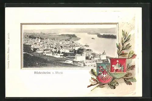 Passepartout-Lithographie Rüdesheim a. Rhein, Ortsansicht, Wappen