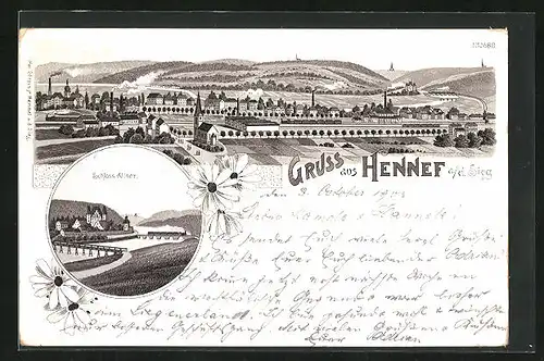 Lithographie Hennef a. d. Sieg, Schloss Allner, Gesamtansicht