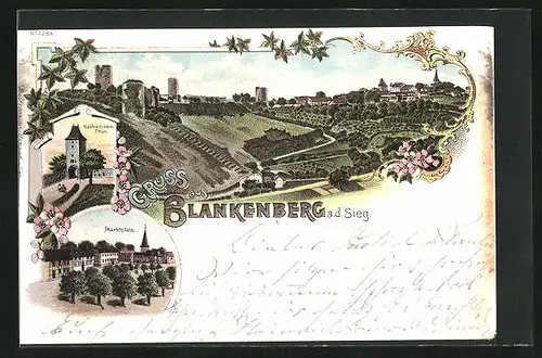 Lithographie Blankenberg / Sieg, Katharinen-Thor, Marktplatz