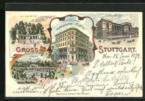 Lithographie Stuttgart, Waarenhaus Hermann Tietz, Neue Bibliothek, Wilhelma