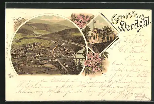 Lithographie Werdohl, Gasthof Remelshagen, Totalansicht