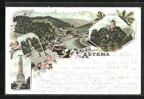 Lithographie Altena, Schlossberg, Totalansicht, Bismarckdenkmal