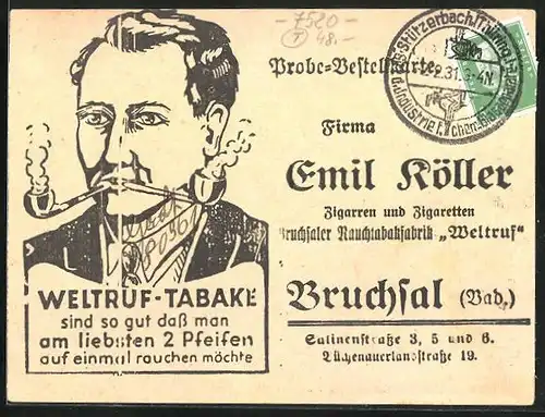 AK Bruchsal, Probe-Bestellkarte der Firma Emil Köller, Weltruf-Tabak