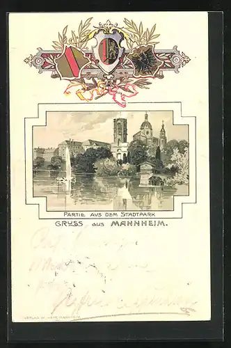 Passepartout-Lithographie Mannheim, Partie aus dem Stadtpark, Wappen
