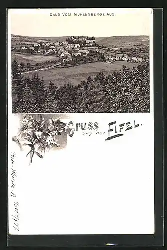 Lithographie Daun /Eifel, Totalansicht vom Mühlenberg aus