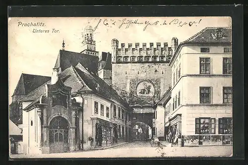 AK Prachatitz, Unteres Tor mit Geschäft Franz Koch