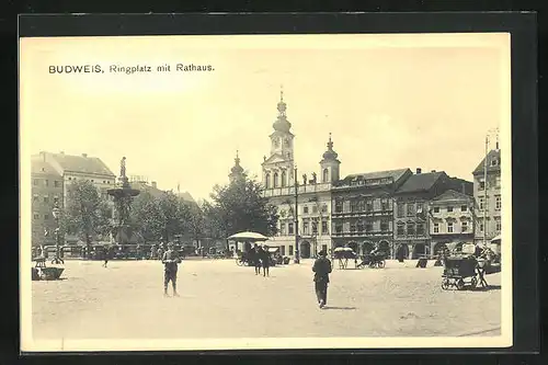 AK Budweis / Ceske Budejovice, Ringplatz mit Rathaus