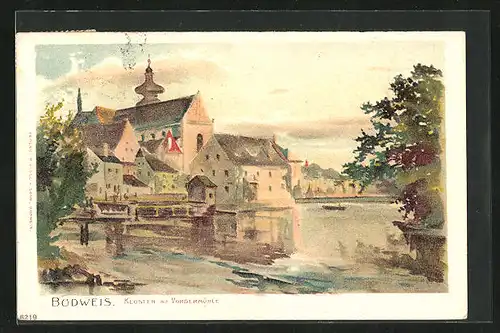 Lithographie Budweis / Ceske Budejovice, Kloster mit Vordermühle