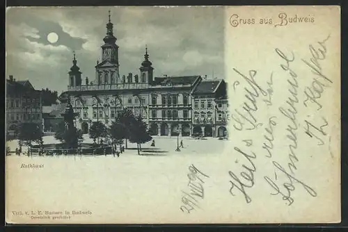 Mondschein-AK Budweis / Ceske Budejovice, Rathaus mit Denkmal