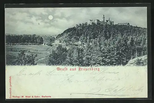 Mondschein-AK Frauenberg, Burg auf Berg bei Mondschein