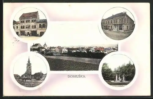 AK Dobruska, Gartenpartie, Kirche auf Platz, Strassenpartie