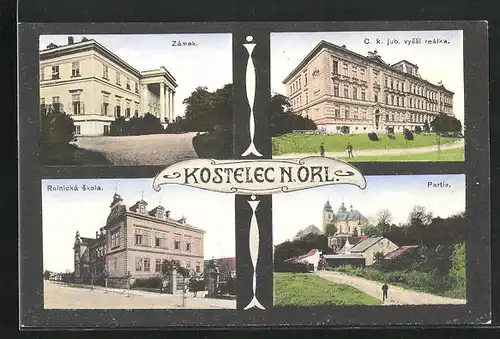 AK Adler Kosteletz / Kostelec nad Orlici, Zamek, C. k. jub. vyssi realka, Rolnicka skola