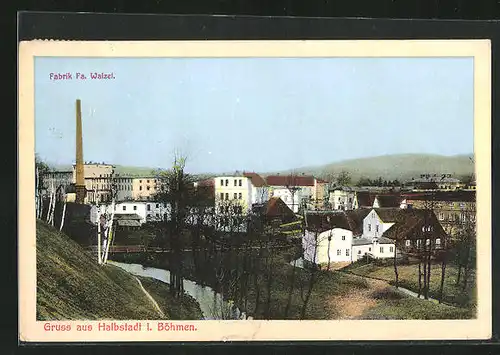 AK Halbstadt i. Böhmen, Flusspartie mit Fabrik Fa. Walzel