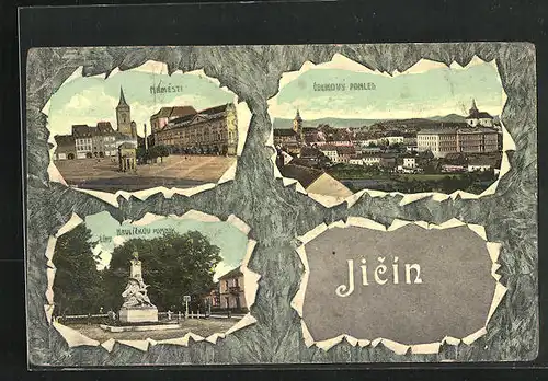 AK Jitschin / Gitschin / Jicin, Denkmal, Marktplatz, Gesamtansicht