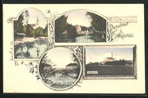 AK Mezirici, Cukrovar, Kostel, Obecni dum, Skola