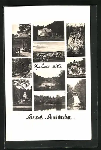 AK Rycknov n. Kn., Lazne Studanka, Gebäudeansicht, Brücke, Uferpartie