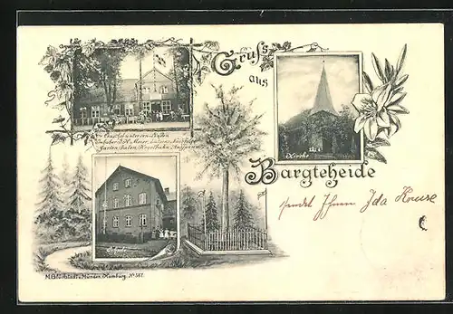 AK Bargteheide, Gasthof unter den Linden, Schule, Kirche