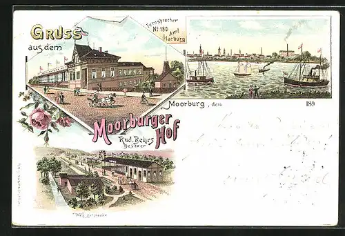 Lithographie Moorburg / Harburg, Gasthaus Moorburger Hof, Weg zur Haake