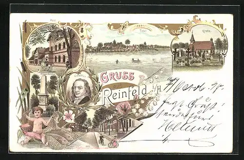Lithographie Reinfeld i. H., Kirche, Post, Kriegerdenkmal, Strassenpartie