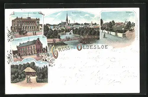 Lithographie Oldesloe, Pavillon, Stadthaus, Soolbad