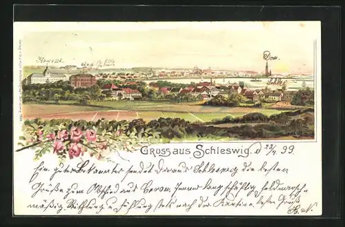 Lithographie Schleswig, Panorama mit Kaserne