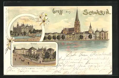 Lithographie Schwerin, Bahnhof, Grossherzogl. Schloss, Ortspartie mit Kirche