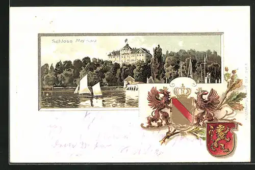 Passepartout-Lithographie Mainau, Schloss mit Uferpartie, Wappen