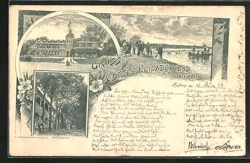 Lithographie Haffkrug, Strand vor dem Elisabethbad, Haupthaus, Prinzenhaus