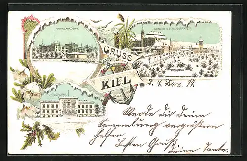Winter-Lithographie Kiel, Marineakademie, Universität, Schloss und Garten