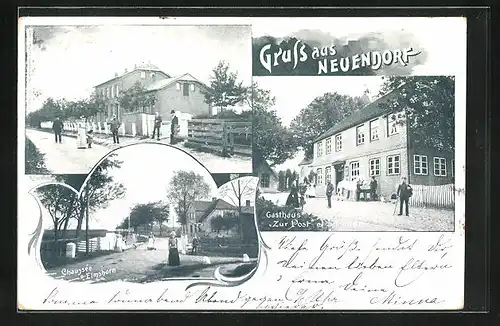 AK Neuendorf, Gasthaus zur Post, Chausée nach Elmshorn, Schulhaus