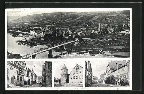 AK Segnitz /Main, Strassenpartie mit Fachwerkhäusern, Strassenpartie, Turm, Totalansicht