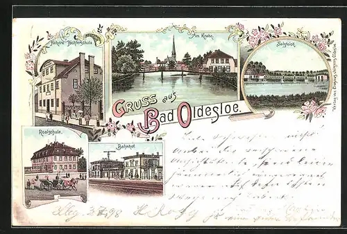 Lithographie Bad Oldesloe, Bahnhof, Salzteich, Höhere Töchterschule, Realschule