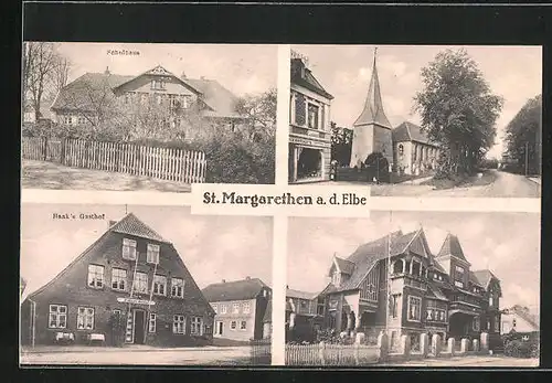 AK St. Margarethen /Elbe, Haak`s Gasthof, Strassenpartie mit Kirche, Schulhaus