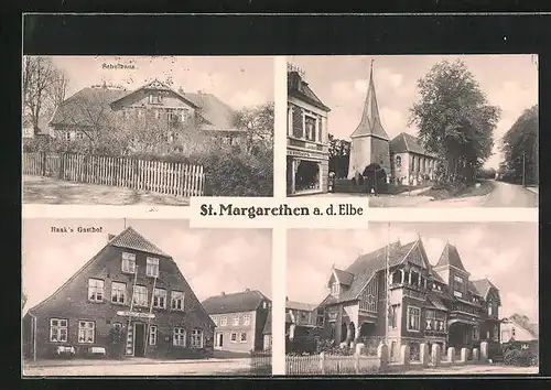 AK St. Margarethen /Elbe, Haak`s Gasthof, Strassenpartie mit Kirche, Schulhaus