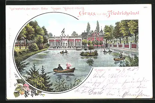 Lithographie Hagen i. W., Gasthaus Friedrichslust, Haltestelle der electr. Bahn Hagen-Hohenlimburg