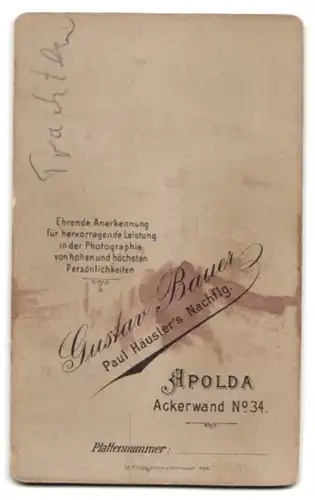 Fotografie Gustav Bauer, Apolda, Ackerwand 34, junge Dame mit Zopf in Tracht