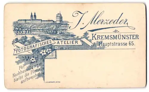 Fotografie J. Merzeder, Kremsmünster, Ansicht Kremsmünster, Ortsansicht mit Kloster, Rückseitig Damen Portrait