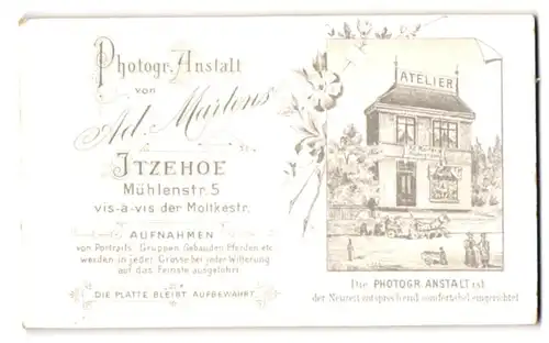 Fotografie Ad. Martens, Itzehoe, Ansicht Itzehoe, Foto-Atelier in der Mühlenstr. 5, Rückseitig Mädchen-Portrait