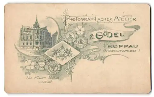 Fotografie F. Gödel, Troppau, Ansicht Troppau, Geschäftshaus in der Ottendorfergasse 1, Rückseitig Damen Portrait